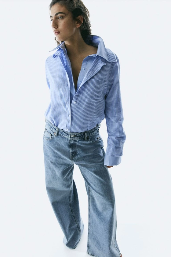 Linen-blend Shirt - Blue/white striped - Ladies | H&M US