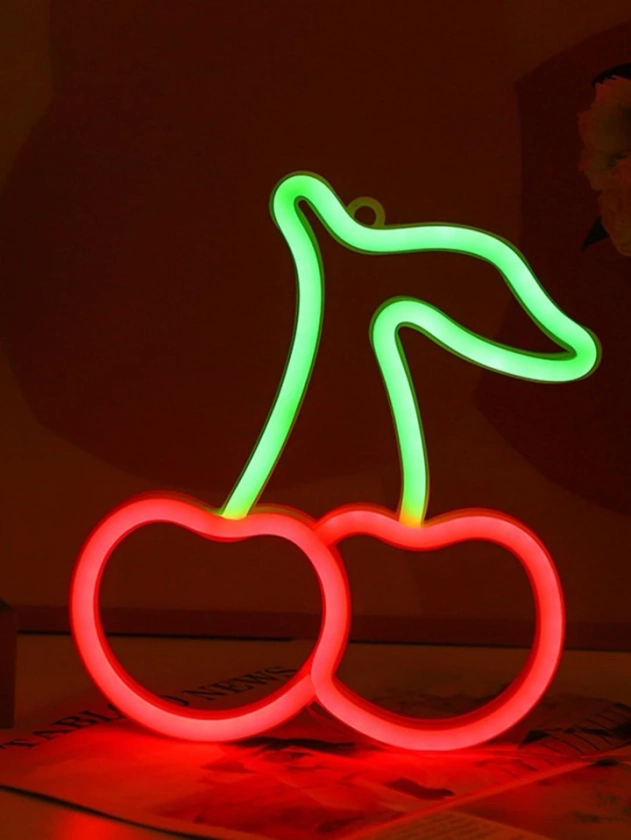 1pc Cherry Shaped Neon Light Logo, Red And Green Cherry Neon Lights, Wall-Decorated Cherry Neon Light Logo, Cute Fruit Led Logo Children's Room, Restaurant, Bar, Fruit Shop, Home Decoration | SHEIN UK