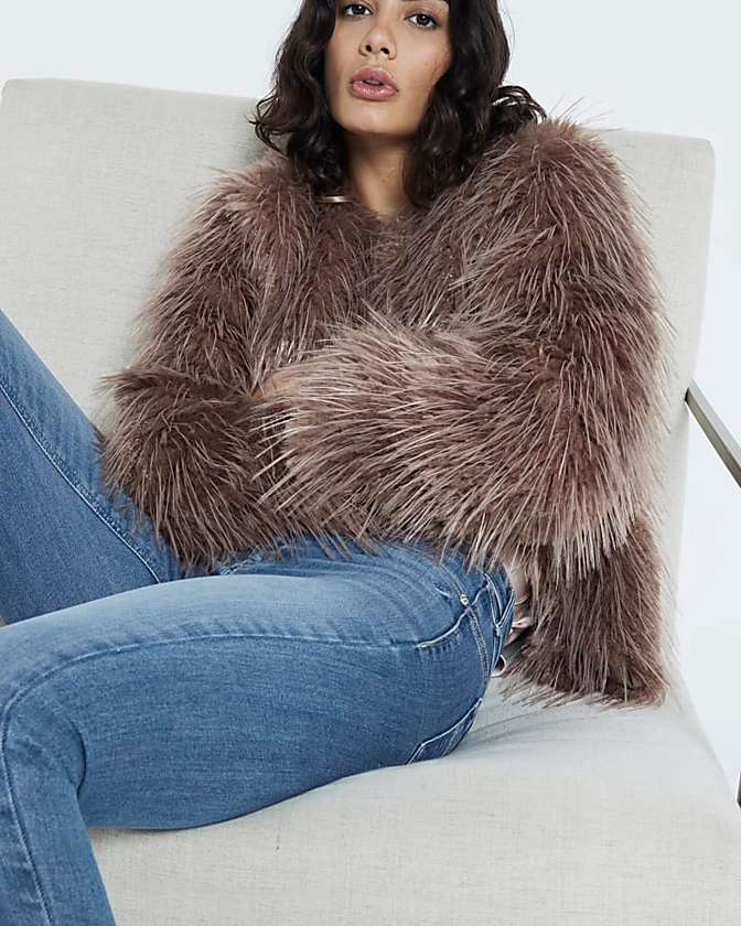 Brown Collarless Fluffy Faux Fur Jacket