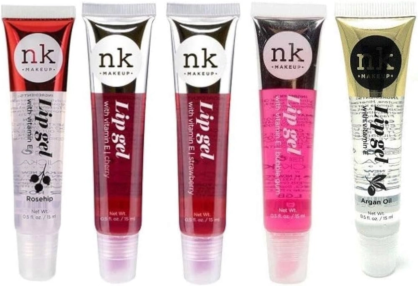 Nicka K New York 5 PACK NK Lip Gel with Vitamin E Bubble Gum, Argan, Strawberry, Cherry and Rosehip Lip Gloss