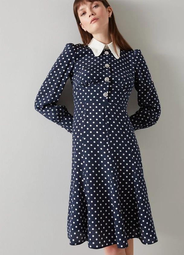 Mathilde Navy & Cream Polka Dot Silk Tea Dress