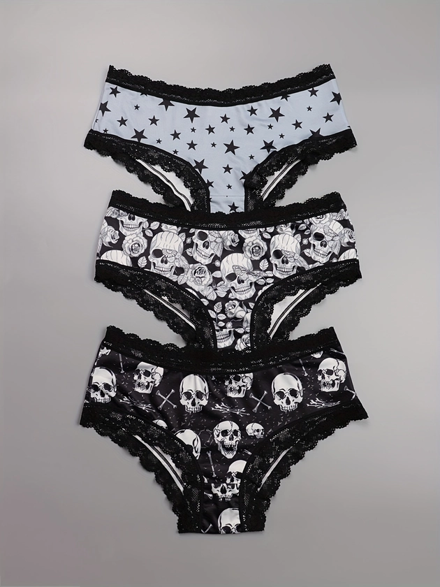 3 Pack Plus Size Sexy Panties Set, Women&#39;s Plus Skull &amp; Star Pattern Contrast Lace Trim Low * Bikini Underwear 3pcs Set