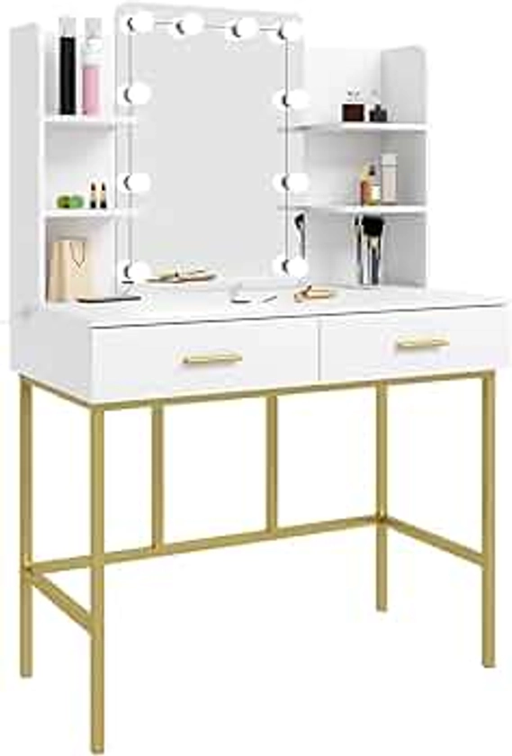 WOLTU Dressing Table with LED Lights, Mirrored Vanity Table with Shelves and 2 Drawers, Modern Makeup Table in MDF and Metal, Bedroom Furniture, 90x45x136cm, White + Gold, MB6077ws