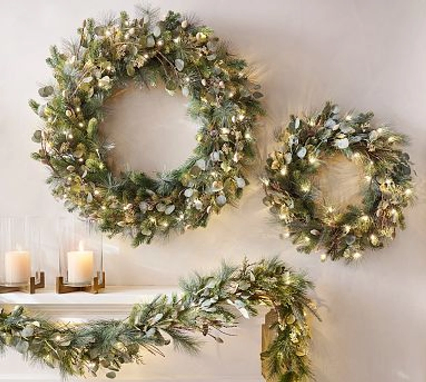 Lit Faux Eucalyptus and Pine Wreath & Garland