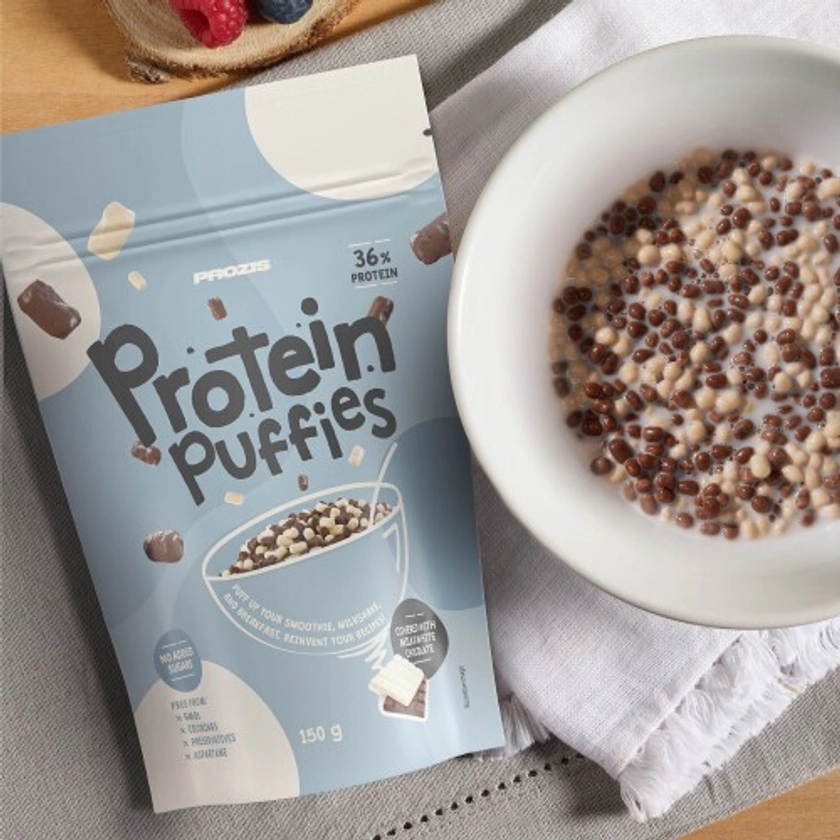 Protein Puffies - Chocolate Duo - Enrobage Chocolat Blanc et au Lait 150 g - Petit Déjeuner et Snacks | Prozis