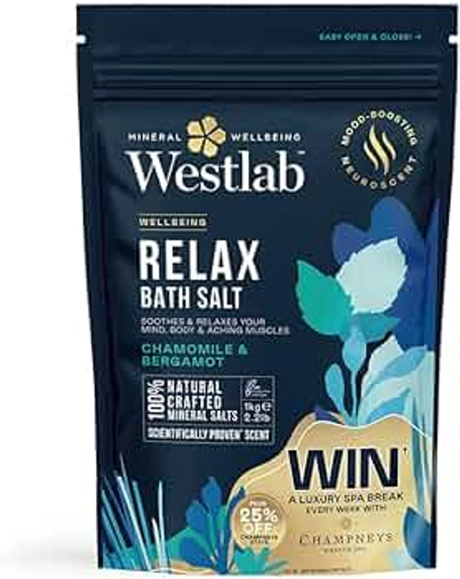 Westlab Magnesium Relax Bath Salts 1kg - Ease Stress & Tension from Mind and Body. Scientifically-Proven to Restore Inner Peace. Mood-Boosting Neuroscent. 100% Natural, Chamomile & Bergamot.