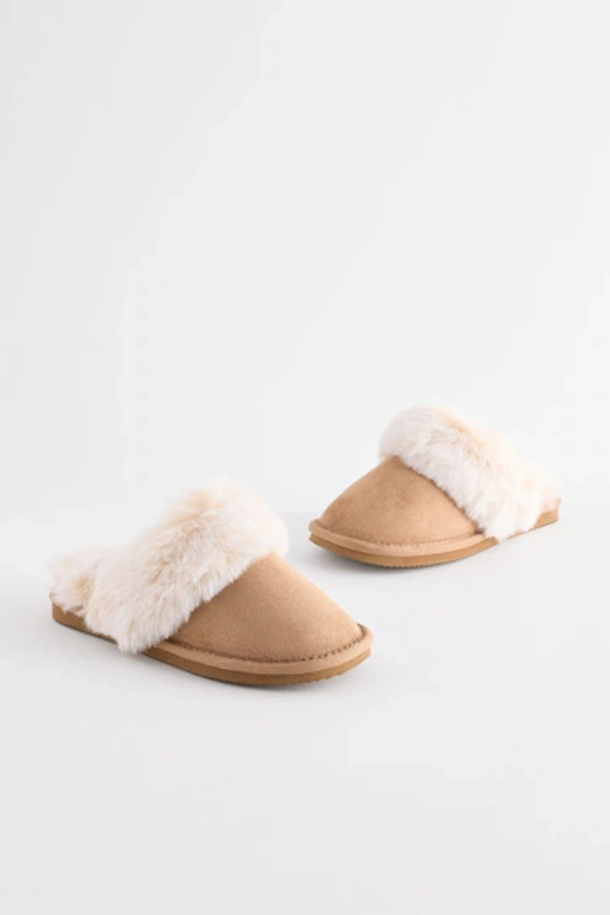 Tan Brown Faux Faur Lined Mule Slippers