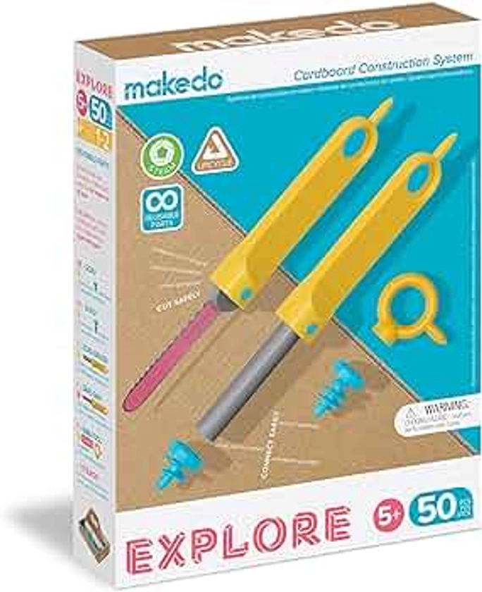 Makedo - Konstruktionsspielzeuge für Pappe, Kinderspiele ab 5, Mint-Lernspielzeug, perfekt für das kreative Spielen zu Hause - 50-teiliger Werkzeugsatz - Explore Packung