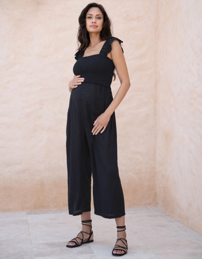 Linen-Blend Maternity-To-Nursing Jumpsuit