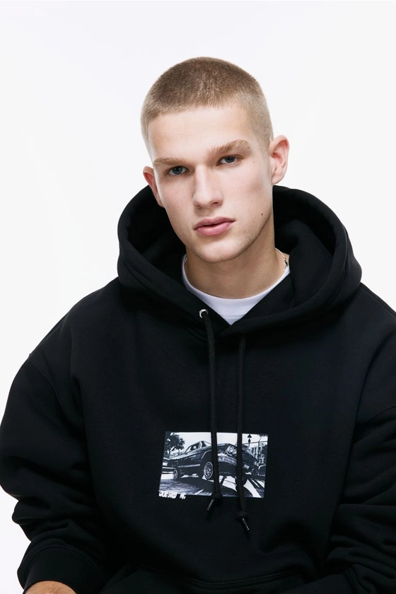 Oversized Fit Motif-detail hoodie - Black/Car - Men | H&M GB