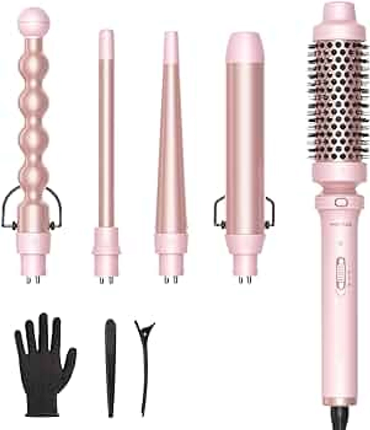 Wavytalk 5 in 1 Curling Iron,Curling Wand Set with Curling Brush and 4 Interchangeable Ceramic Curling Wand(0.5”-1.25”),Instant Heat Up,Include Heat Protective Glove & 2 Clips (Pink)