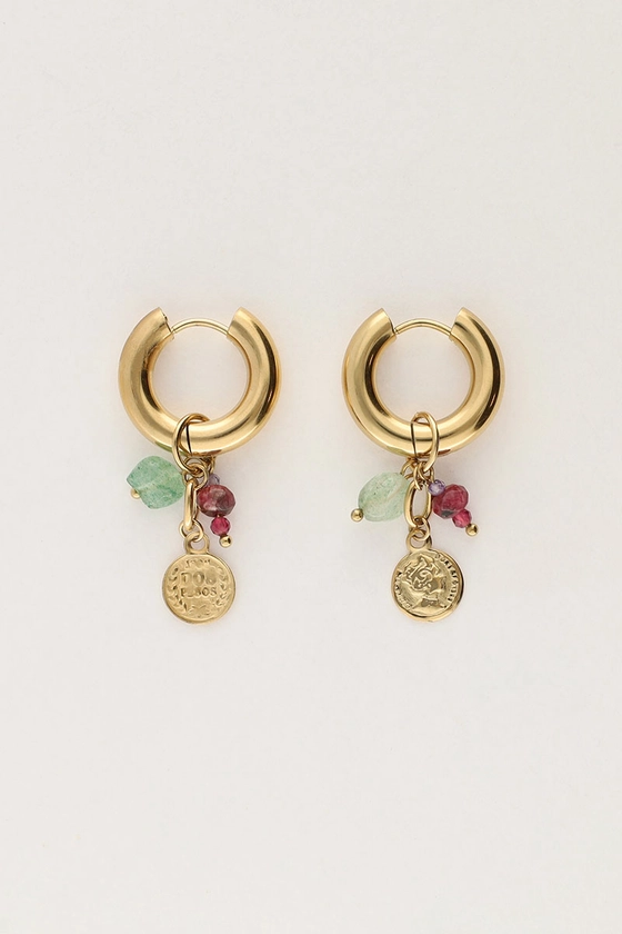 Boucles d'oreilles mini avec pièces de monnaie et pierre verte | My Jewellery