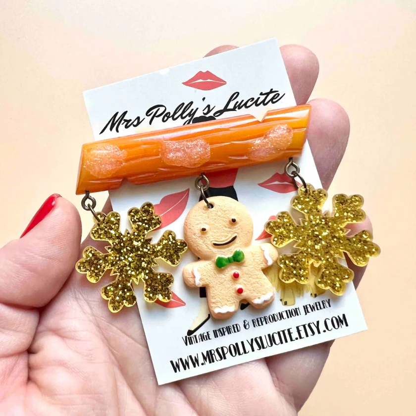 Gingerbread Man Christmas Brooch, Bakelite Jewelry Inspired,resin Pin 1940s 1950s Style Fakelite Christmas Gifts by Mrs Polly's Lucite - Etsy