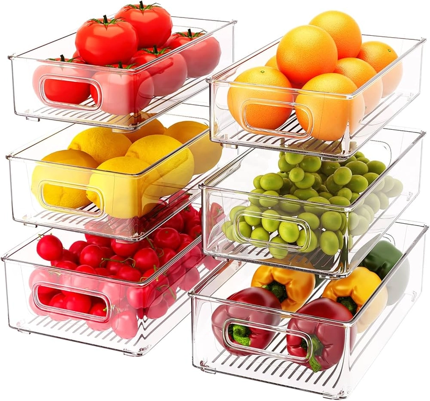 FUSACONY Boite de Rangement Frigo Transparent, Lot de 6 (3 Tailles) Bacs de Rangement, Empilable Organisateur Frigo pour Le Réfrigérateur,Cuisine,Armoires sans BPA