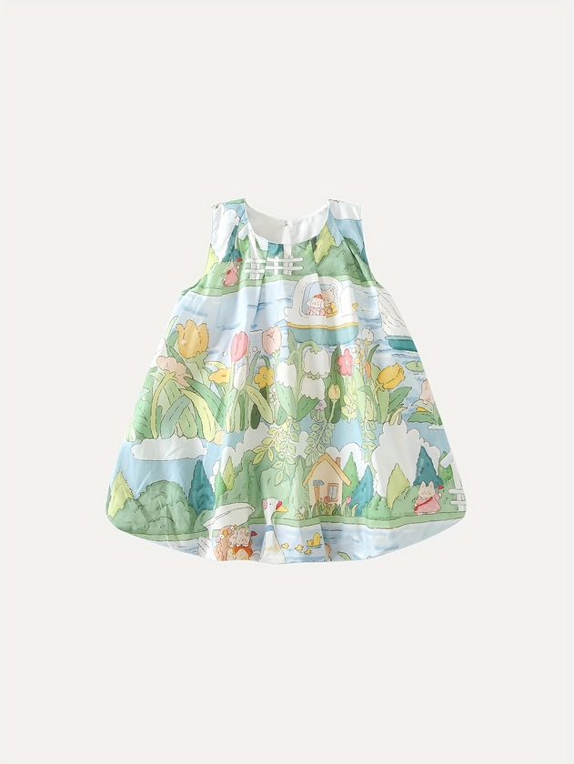 * Young Girl 100% Cotton SleevelessDress With Cartoon Scenery Print, Swing Fit Princess Sundress For Summer