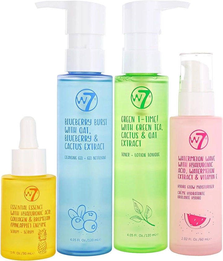 W7 Skin Refresh Essential Gift Set - 4 Step Daily Routine - Moisturiser, Cleansing Gel, Toner and Serum - Full Size Natural Skin Care Kit for Beautiful Skin