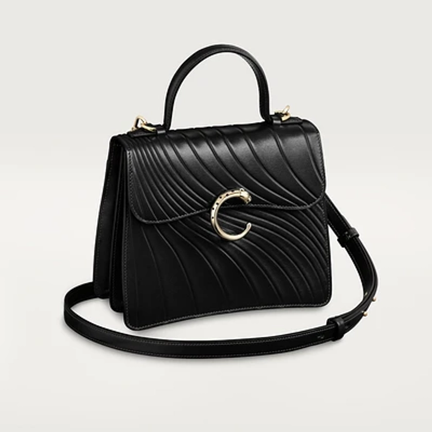 CRL1002554 - Handle bag mini model, Panthère de Cartier - Black calfskin, embossed Cartier signature motif, golden finish - Cartier