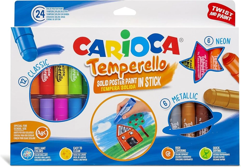 Carioca Temperello, Tempera Lavable pour Enfants, Tempéra en Stick pour Colorier sur Papier, Bois et Carton, Couleurs Assorties et Brillantes, sans Solvant, Classique, Néon et Métallique, 24 Pièces