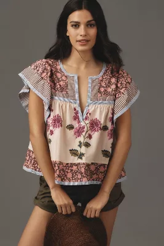 Maeve Flutter-Sleeve Printed Blouse