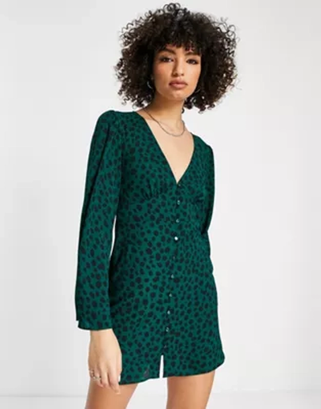 ASOS DESIGN button through mini dress with 70s sleeve in green animal print