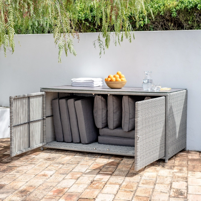 Santiago Rattan Storage Box/Console Table with Glass Top in Grey