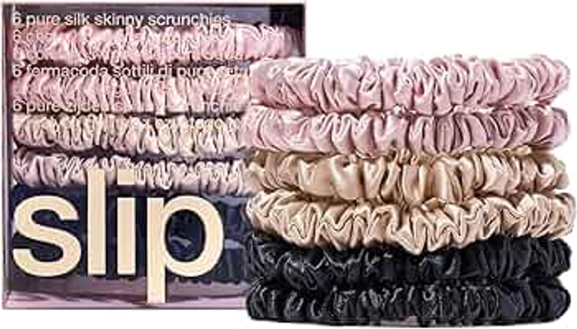 SLIP Silk Skinnie Scrunchies in Black, Pink, and Caramel - 100% Pure 22 Momme Mulberry Silk Scrunchies for Women