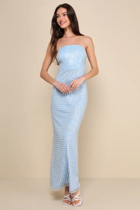 Perfectly Luxurious Light Blue Pearl Strapless Maxi Dress
