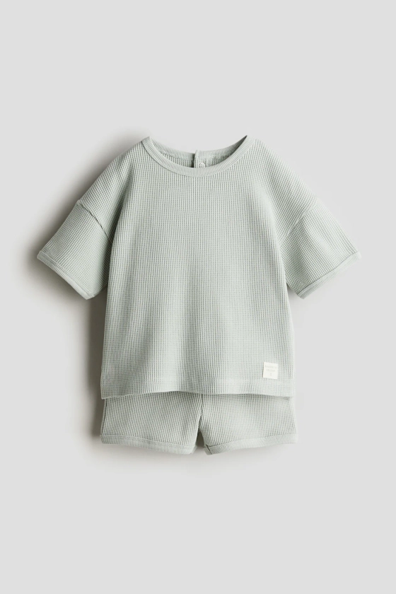 2-piece waffled cotton set - Regular waist - Round neck - Light dusty green - Kids | H&M GB