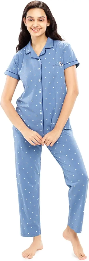 ZEYO Women's Cotton Heart Printed Stylish Night Suit Shirt & Pajama Set 5612 Blue (X_Large) : Amazon.in: Fashion