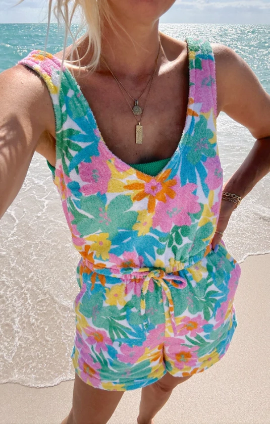 Beach Boardwalk Romper ~ Beachy Floral Terry