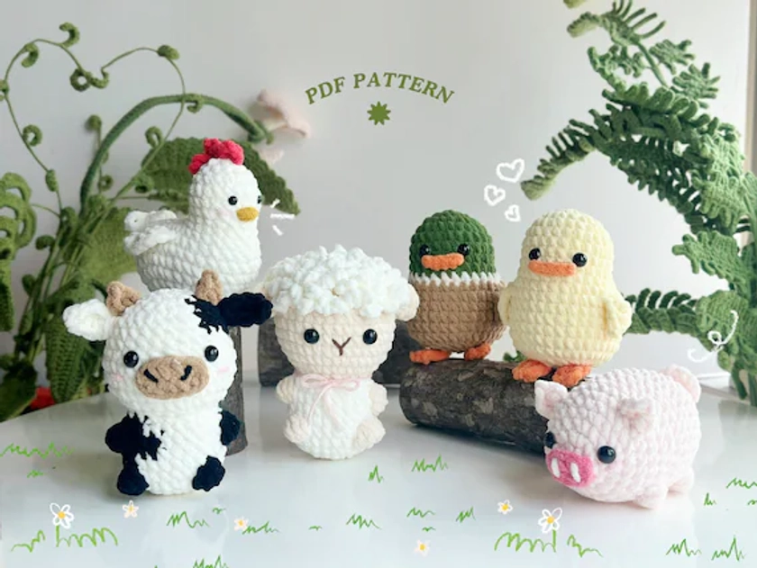 Combo 6in1 Adorable Farm No Sew Crochet Pattern, No Sew Amigurumi Crochet Patterns | Duck, Mallard Duck, Rooster, Pig, Cow, Sheep Pattern