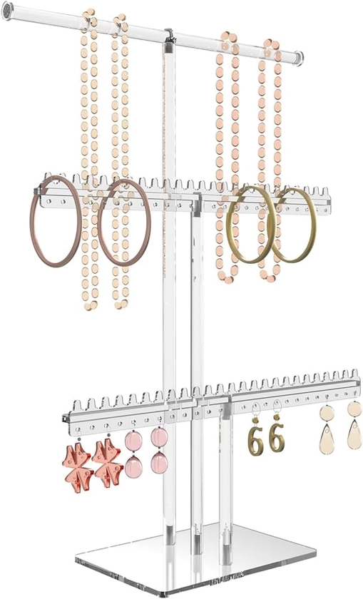 Amazon.com: lengnoyp Premium Jewelry Stand, Earring Holder, Necklace Holder Stand, Clear 3-Tier Acrylic Large Storage Jewelry Organizer Stand & Bracelet/Bangles Stand, 48 Earring Holes Display Stands : Clothing, Shoes & Jewelry