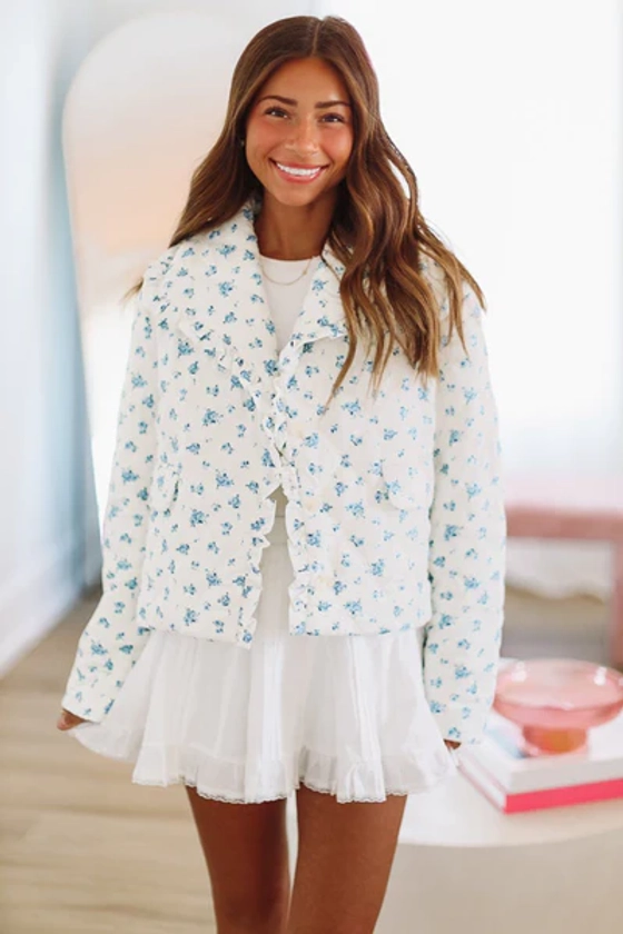 Keeping Cozy Floral Quilted Jacket - White and Blue