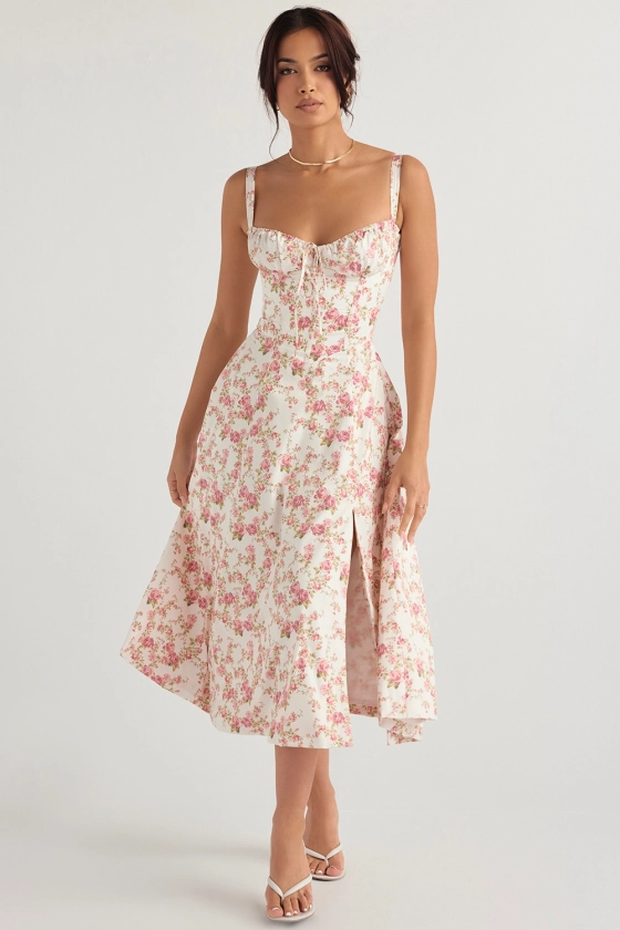 Clothing : Midi Dresses : 'Carmen' Rose Print Bustier Sundress 
