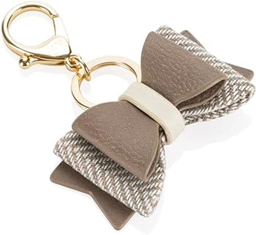 Itzy Ritzy Boss Bow; Bow Charm with Clasp Can Clip to a Diaper Bag, Purse, Keychain or Wallet; Vanilla Latte