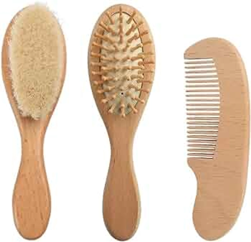 PandaEar Baby Hair Brush and Comb Set for Newborn| Natural Wooden Hairbrush with Soft Goat Bristles, Pear Wood Comb and Wooden Massage Brush for Infant, Toddler, Kids