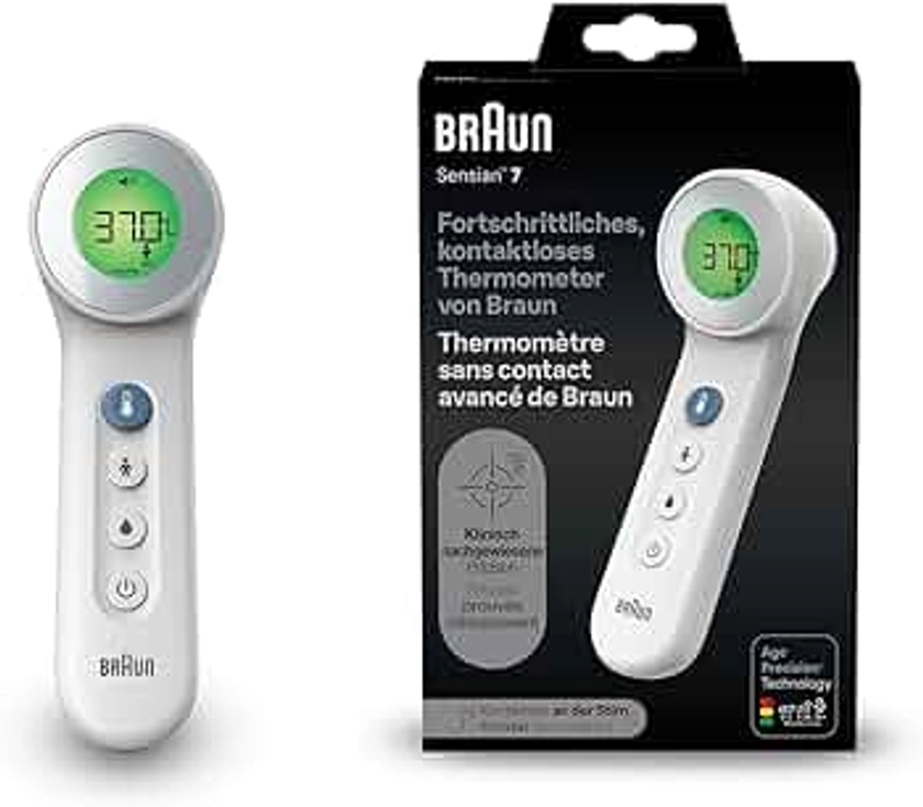 Braun Sensian 7 Thermomètre frontal sans contact avec Age Precision - Silencieux - Affichage numérique à code couleur - Bébé et enfant - 2 secondes - Marque n°1 auprès des médecins - BNT400