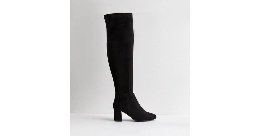 Black Faux Suede Block Heel High Leg Boots | New Look