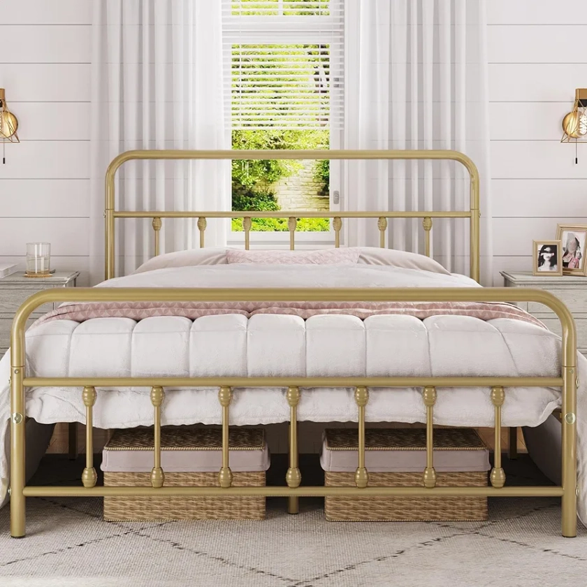 Yaheetech 4ft6 Double Bed Frame Vintage Iron Platform Bed with High Headboard and Footboard, Strong Metal-Framed Bed with Storage Antique Gold