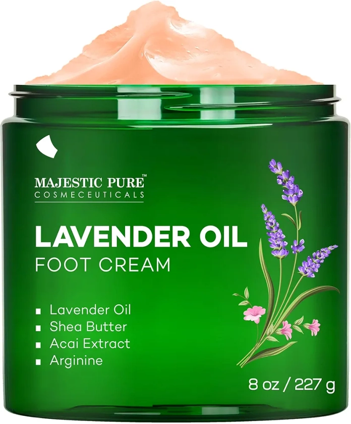 MAJESTIC PURE Lavender Oil Foot Cream, Warming Cream - Calluses, Dry Cracked Feet, Hands, Heels, Elbow, Nails, and Knees - Softens & Moisturizes Skin - 8 oz