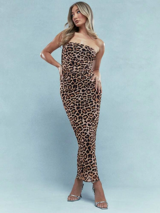Leopard Print Side Ruched Bandeau Bodycon Maxi Dress