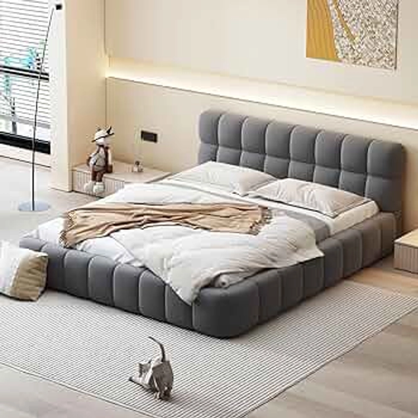 DEINPPA Queen Size Upholstered Platform Bed with Cloud Soft Headboard, Grounded Upholstered Wood Base Bed Frame, Italian Style Modern Beds-Gray
