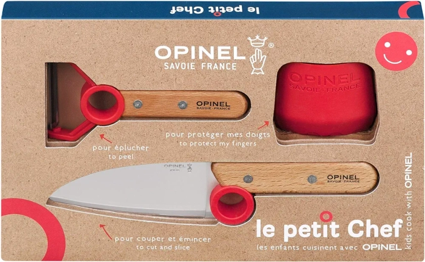 OPINEL - Coffret Complet Petit Chef - Ustensiles de Cuisine Enfant - Couteau, Éplucheur, Protège-Doigts - Hêtre & Inox - Rouge