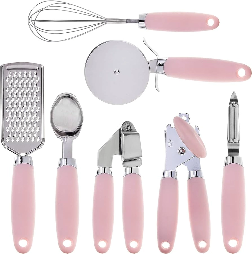COOK With COLOR 7 Pc Kitchen Gadget Set Stainless Steel Utensils with Soft Touch Pink Handles