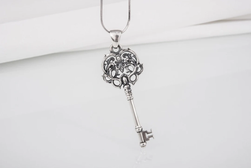 Heraldic Lily Key Pendant, Fleur-de-lis Key Necklace, Solid Silver Key Amulet, Charm Keys and Locks Jewelry, Filigree Vintage Silver Key