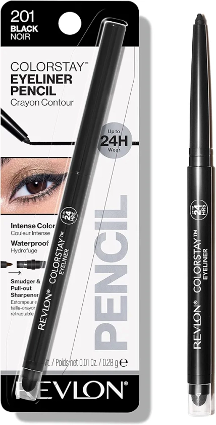 Revlon Pencil Eyeliner, Gifts for Women, Stocking Stuffers, ColorStay Eye Makeup with Built-in Sharpener, Waterproof, Smudge-proof, Longwearing with Ultra-Fine Tip, 201 Black, 0.01 oz