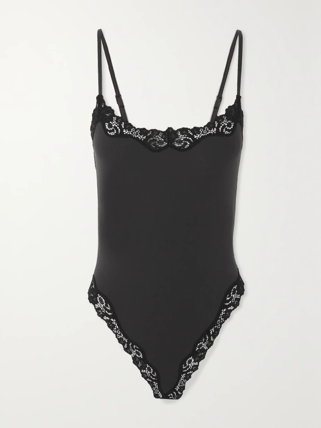 SKIMS Fits Everybody lace-trimmed stretch thong bodysuit - Onyx | NET-A-PORTER