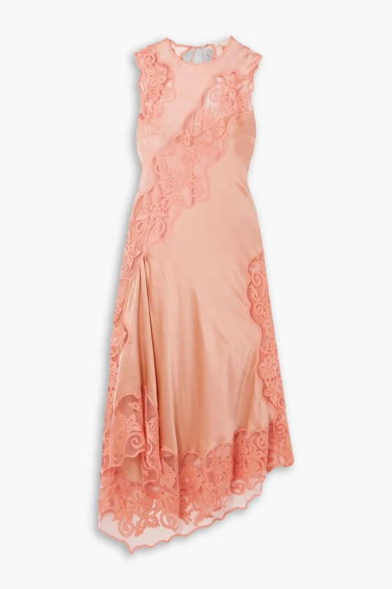 ULLA JOHNSON Kaia open-back asymmetric appliquéd tulle-trimmed silk-charmeuse midi dress | THE OUTNET