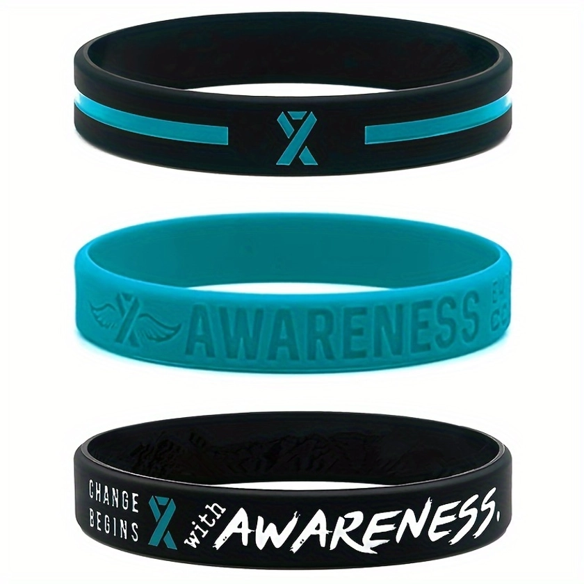 3pcs Awareness Teal Ribbon To Symbolize * Courage Strength Support Silicone Wristbands Bracelets