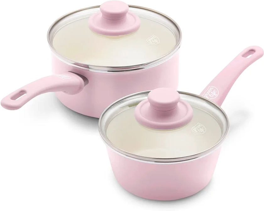 GreenLife Soft Grip Healthy Ceramic Nonstick, 1QT and 2QT Saucepan Pot Set with Lids, PFAS-Free, Dishwasher Safe, Soft Pink